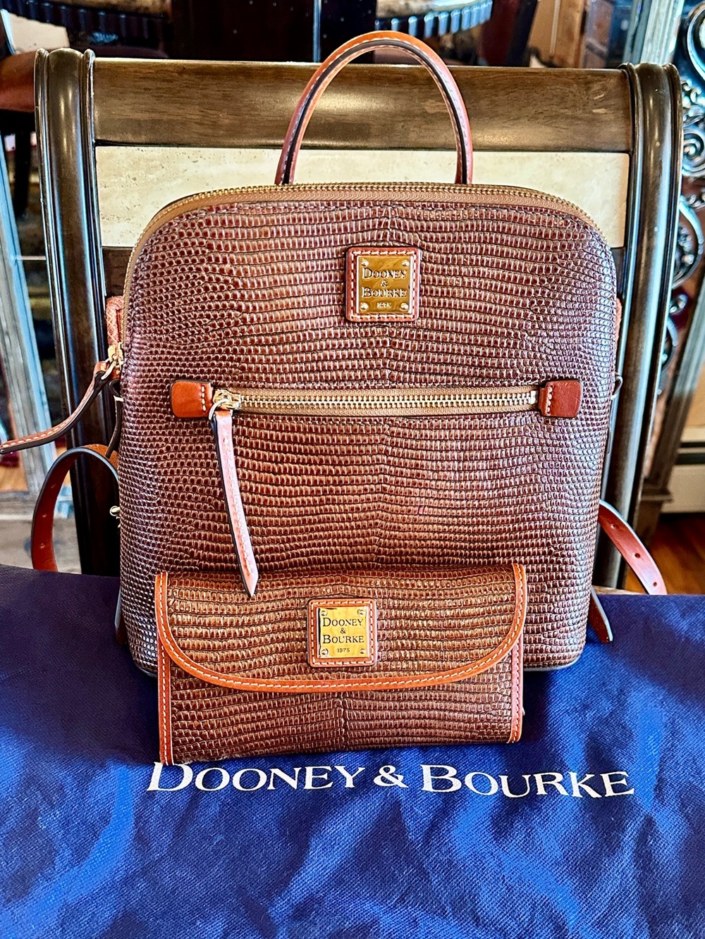 Dooney & Bourke Embossed Lizard Leather Backpack and Wallet in Chestnut Brown